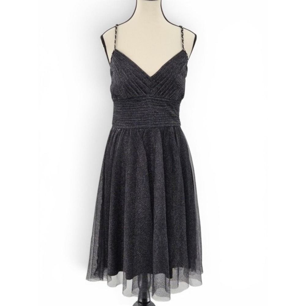 Sangria Black Tulle Midi Dress 8 Silver Metallic Cocktail Party Wedding Holiday